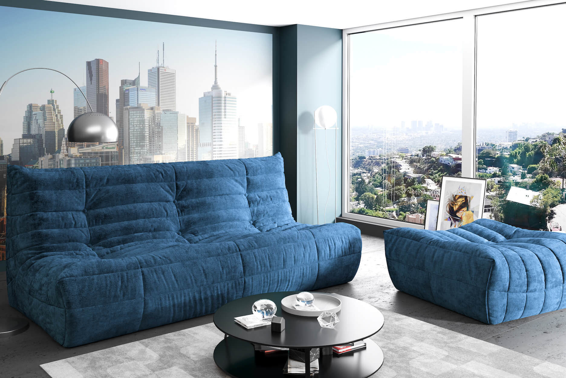 Синий диван в интерьере: с чем сочетать, как расположить, оттенки, виды, механизмы
