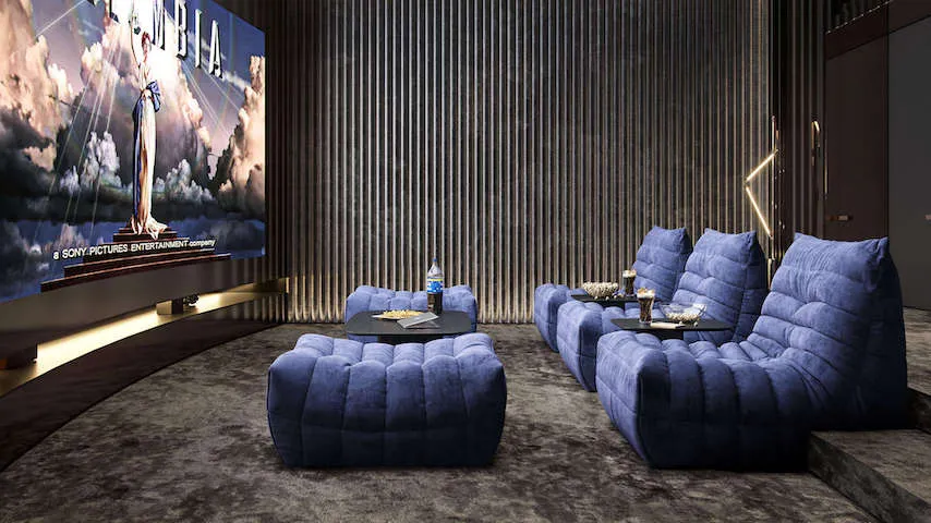 Диван ДеФранс - комплект с пуфами синего цвета для домашнего кинотеатра