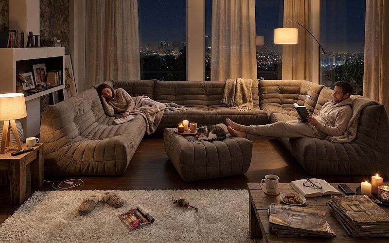 Диван ДеФранс синий, интерьер домашнего кинотеатра