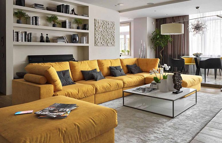 Бескаркасный диван Элизиум в желтом цвете в гостиной